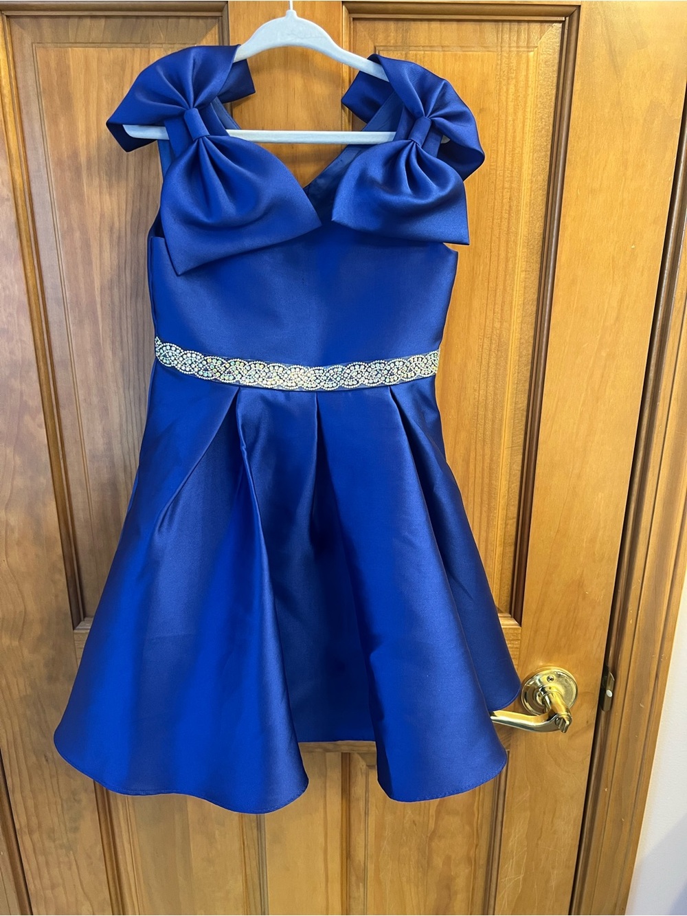 Rare Editions Royal Blue Satin Dress with Bow-Strap Accents